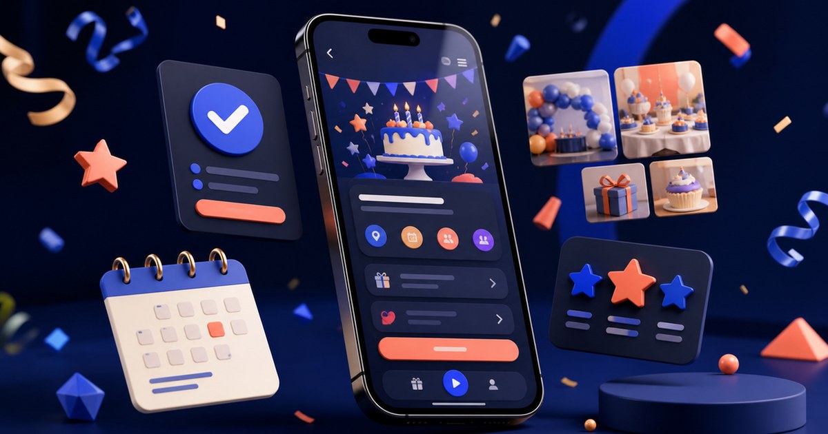 Celular com convite digital, confirmação, calendário e elementos de jogo